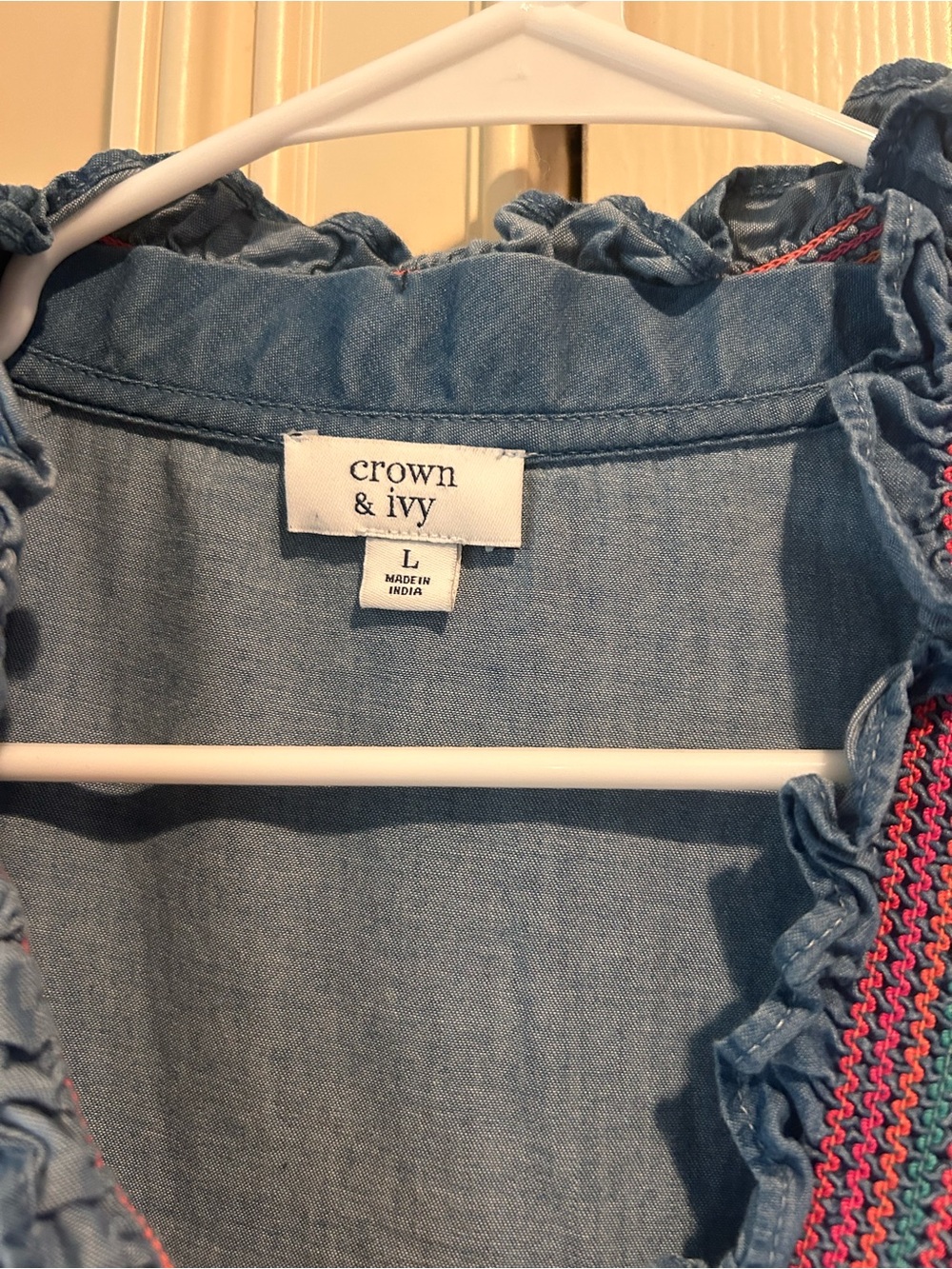 crown & ivy Blue Tiered Chambray Dress with Red Trim - Picture 2 of 2